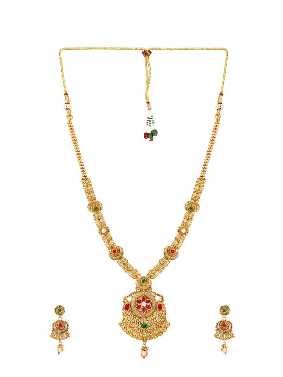 Aadita Gold-Polished & Red e Studded Jewellery Set - Swadesiicart