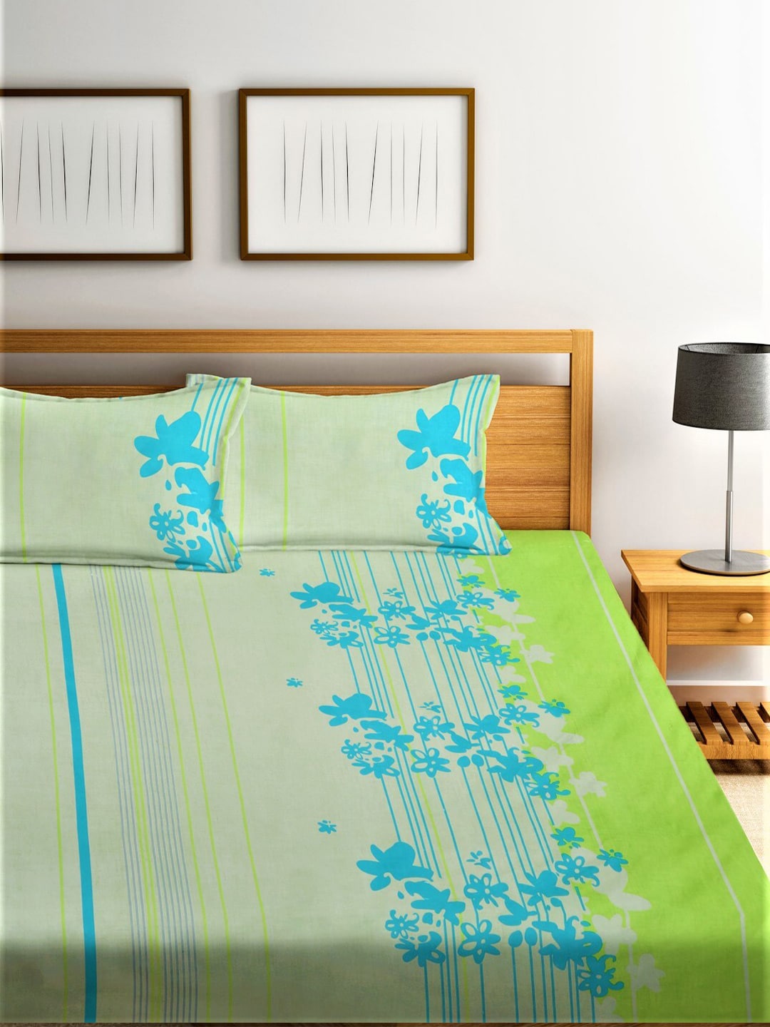 Home Sizzler Green & Blue Floral 210 TC Queen Bedsheet with 2 Pillow Covers - Swadesiicart