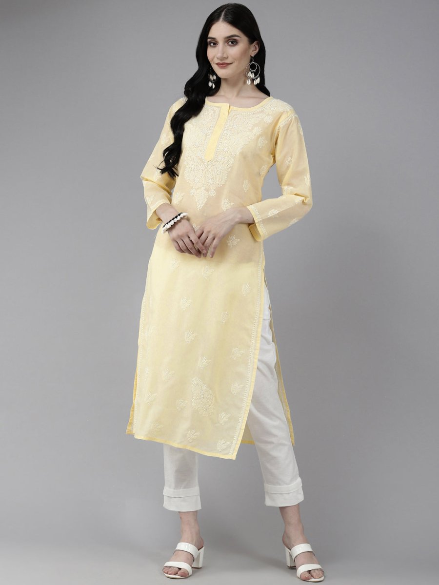 ADA Women Cream-Coloured & White Ethnic Motifs Embroidered Chikankari Cotton Kurta | Swadesiicart