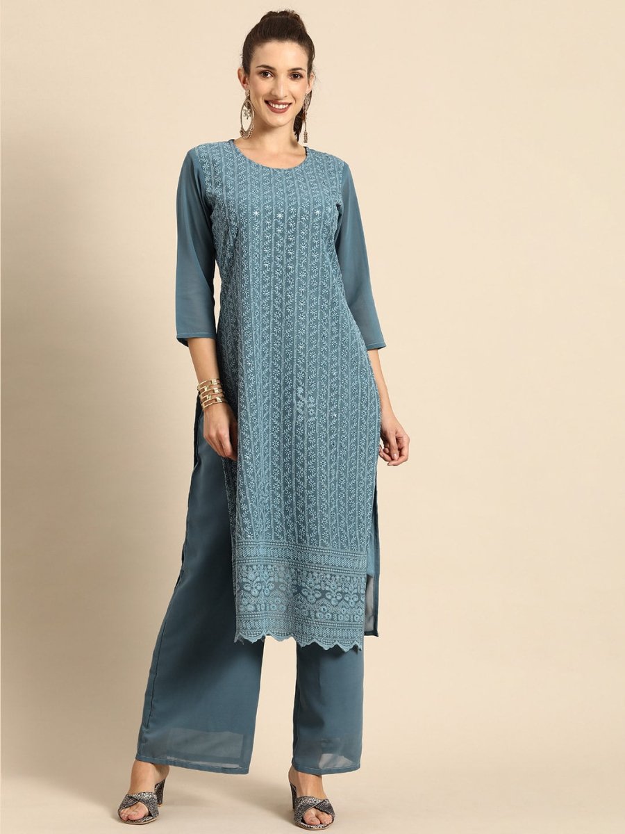 All About You Women Grey Ethnic Motifs Embroidered Regular Chikankari Kurta with Palazzos | Swadesiicart