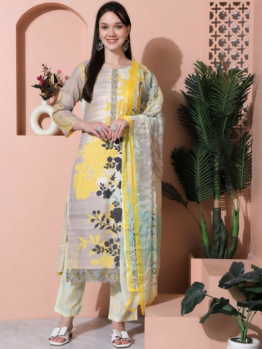 Jyoti Fashion Women's Multicolor Cotton Floral Digital Print & Floral Embroidered Cutwork Border Sequins Work Kurta with Trouser & Dupatta