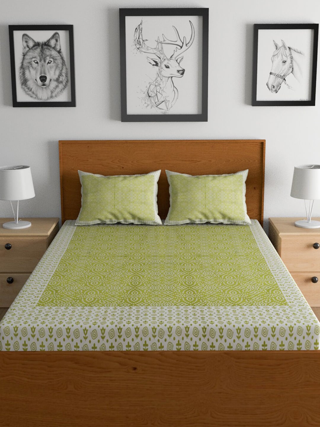 Urban Magic Green & White Ethnic Motifs Cotton 104 TC Queen Bedsheet with 2 Pillow Covers - Swadesiicart