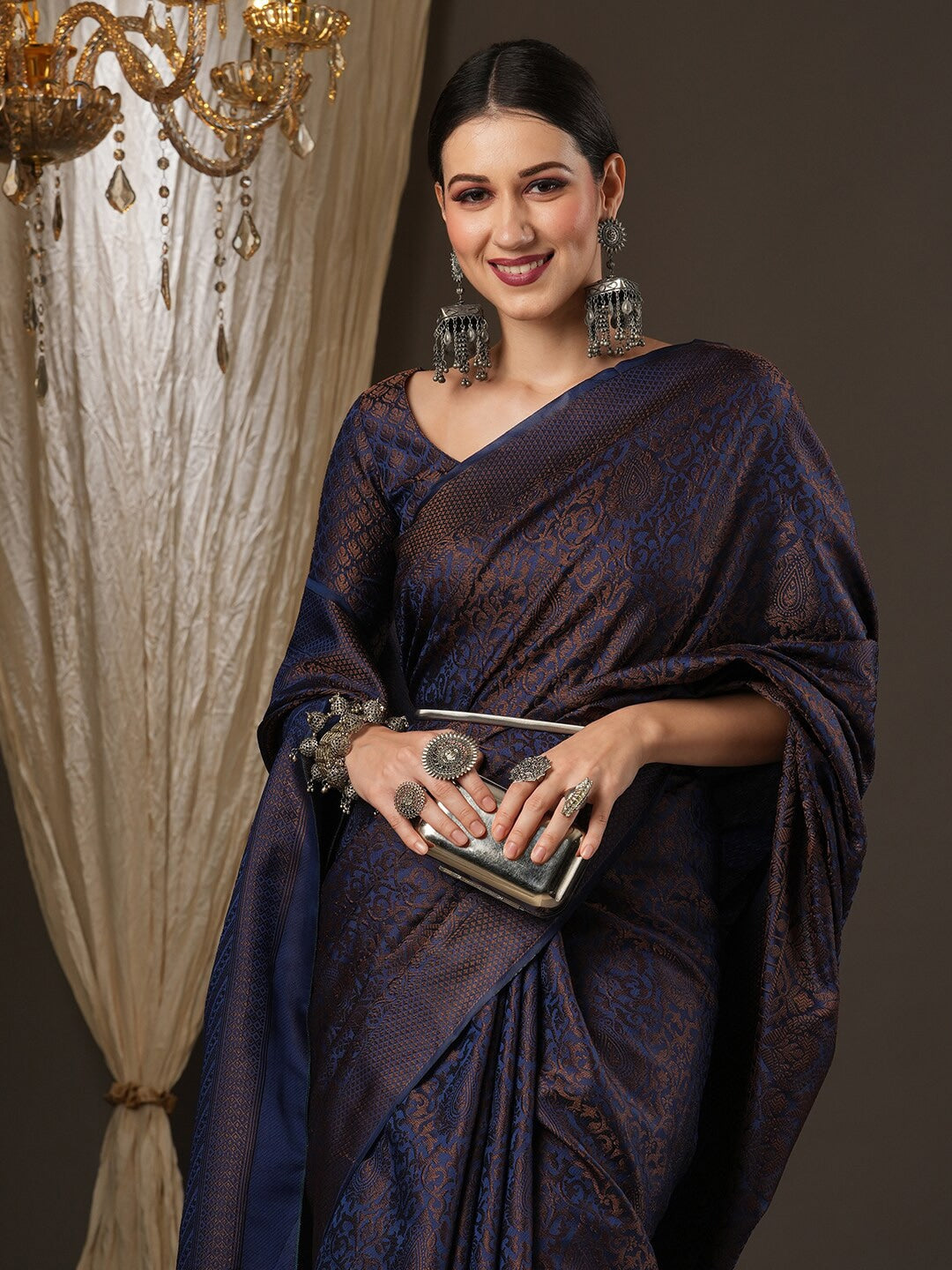 Saree Mall Navy Blue & Gold-Toned Woven Design Zari Silk Blend Banarasi Sarees | Swadesiicart