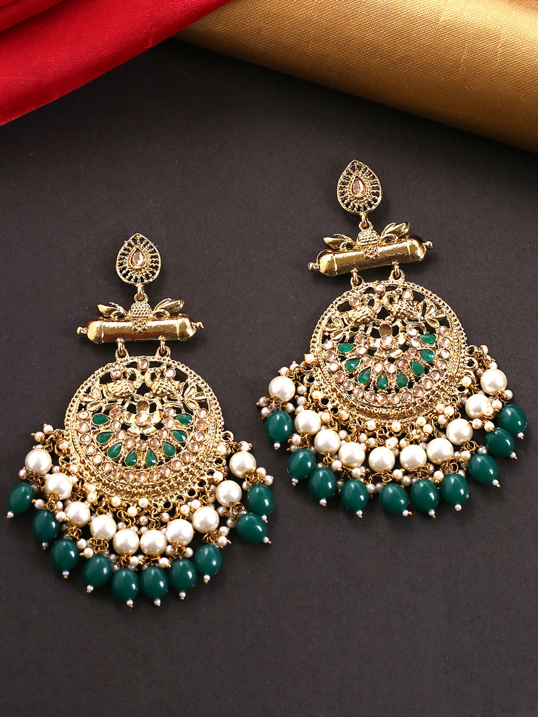 Yellow Chimes Gold-Polished & Green Circular Drop Earrings