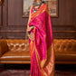 Mitera Pink & Gold-Toned Floral Silk Blend Banarasi Saree | Swadesiicart