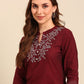 Anouk Notched Neck Thread Work Pure Cotton Straight Kurta - Swadesiicart