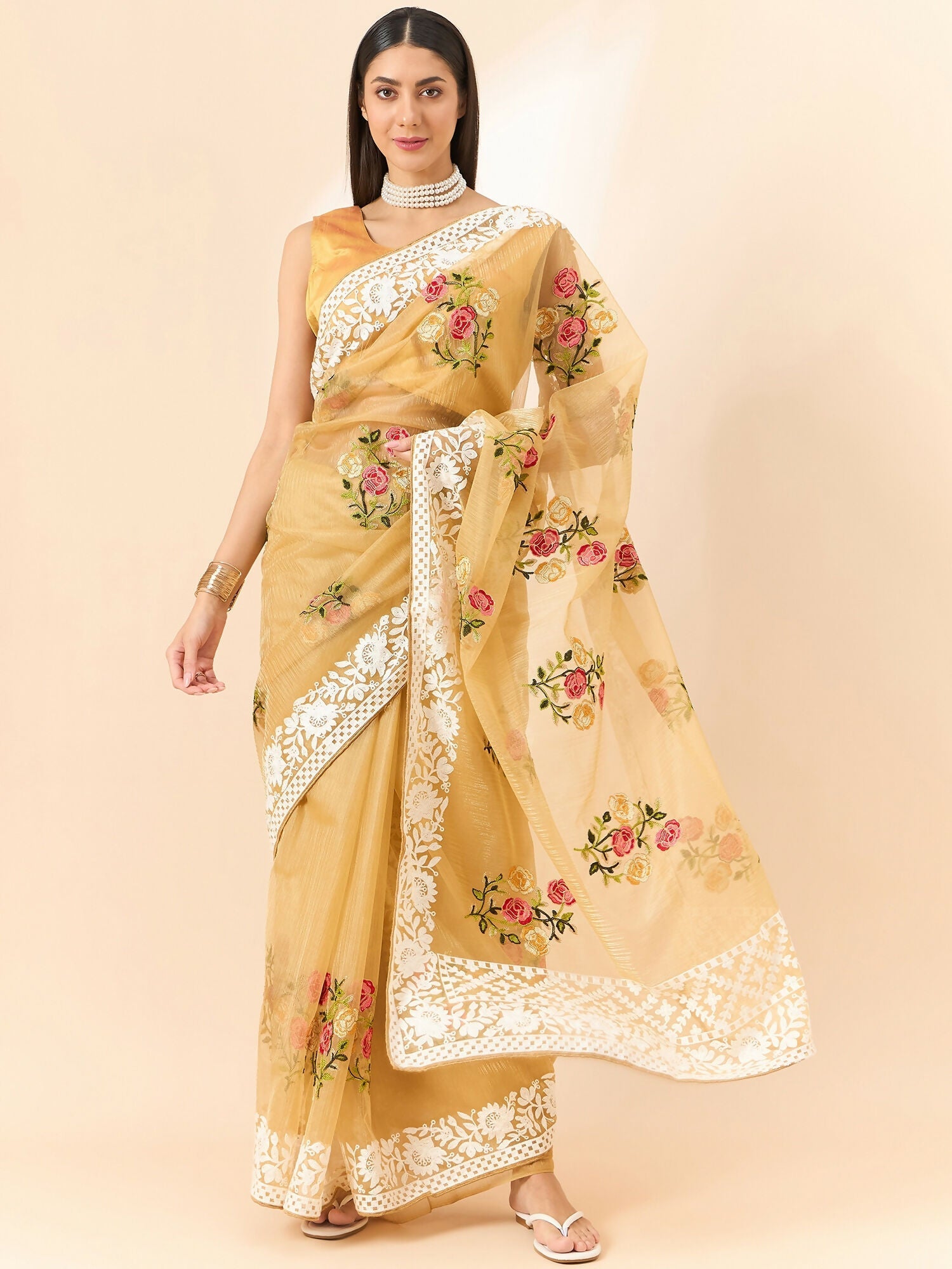 Beige Organza Floral Embroidered Saree with Unstitched Blouse Piece - Roozal