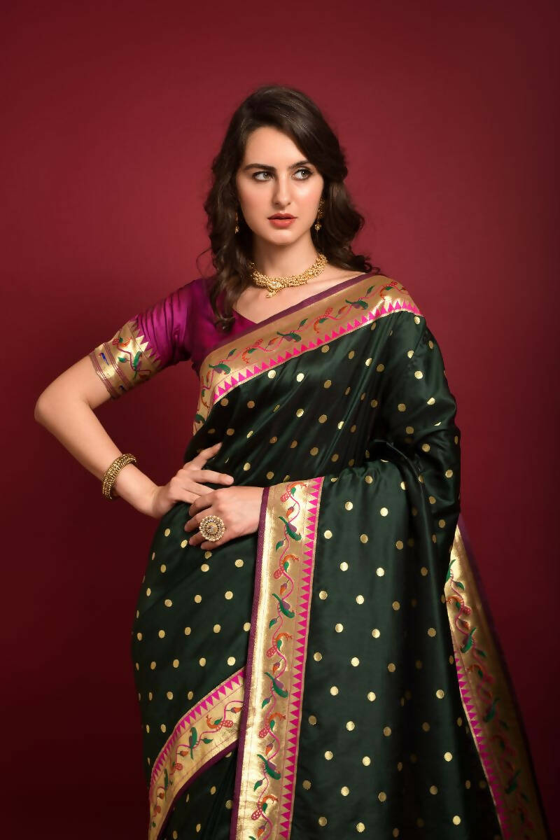 Vishnu Weaves Women's Bottle Green Paithani Silk Zari Woven Saree with Unstitched Blouse - Swadesiicart