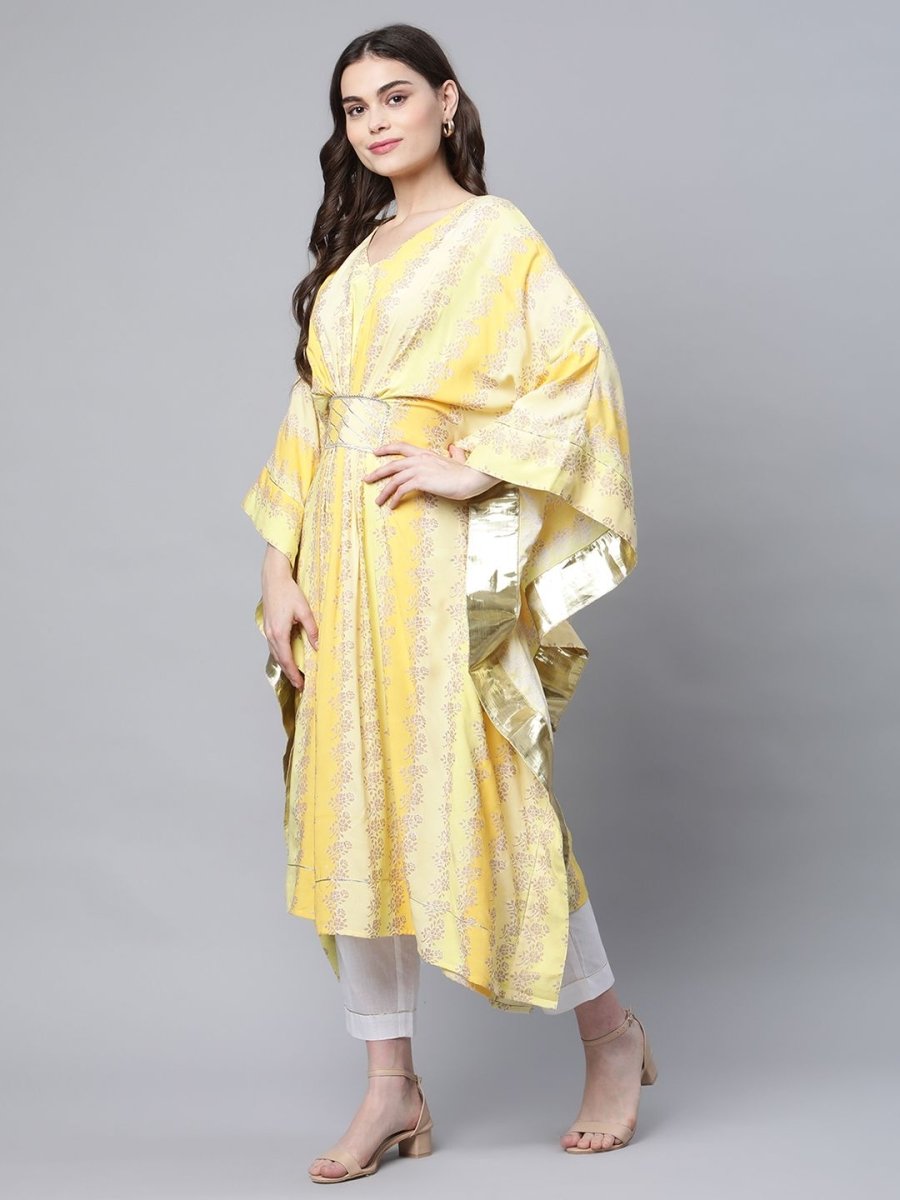 Ahalyaa Women Yellow Rayon Printed Flared Sleeve Kaftan Kurta | Swadesiicart