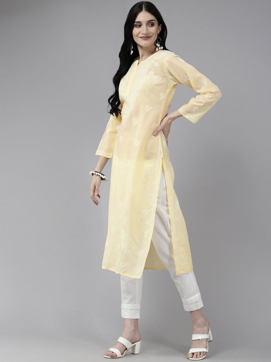 ADA Women Cream-Coloured & White Ethnic Motifs Embroidered Chikankari Cotton Kurta | Swadesiicart