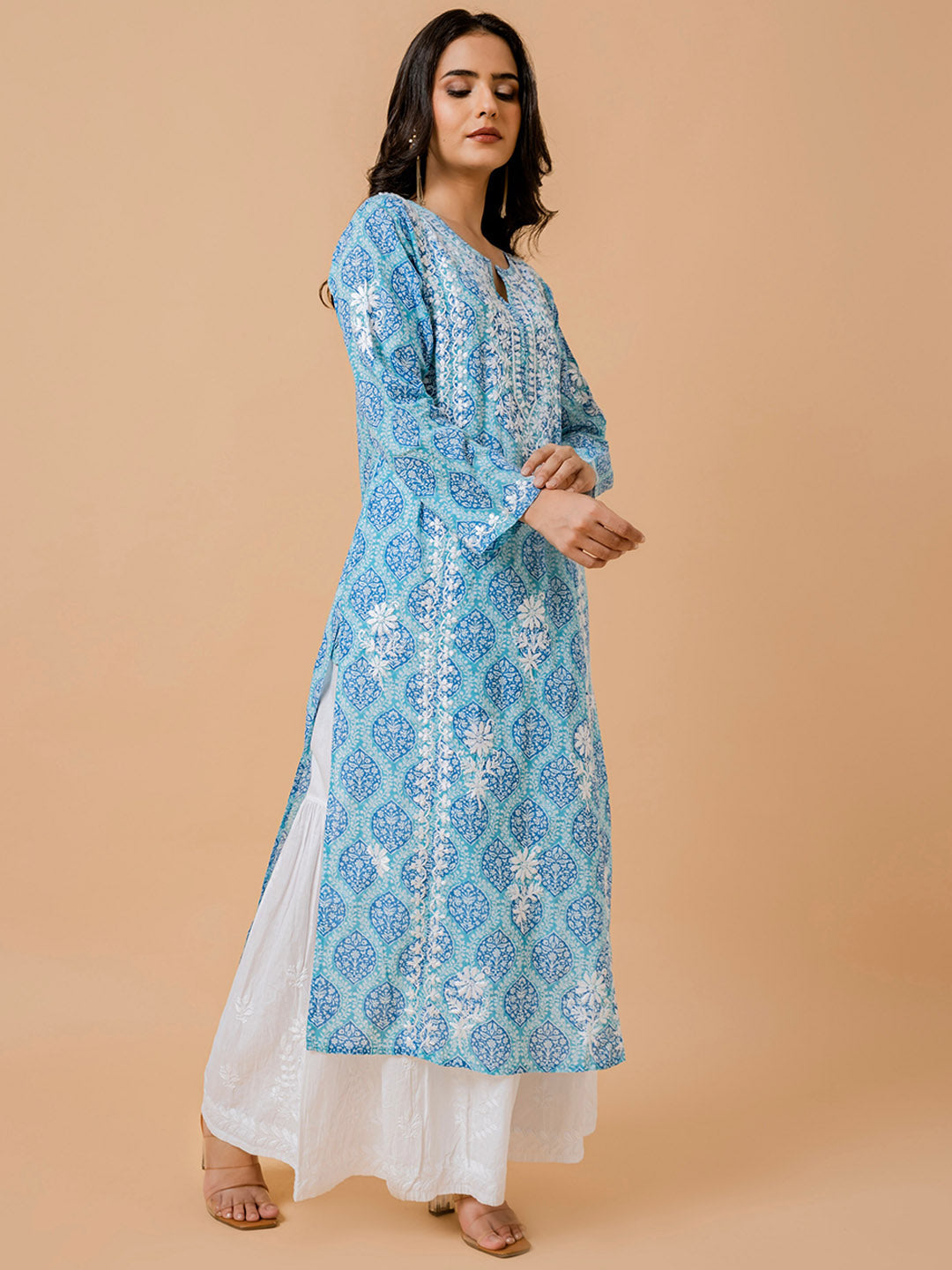 HOUSE OF KARI Ethnic Motifs Printed Cotton Panelled Chikankari Kurta | Swadesiicart