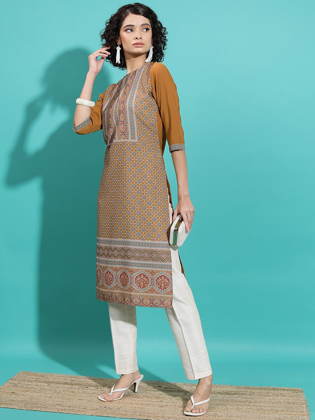 Vishudh Rust Ethnic Motifs Printed Straight Kurta - Swadesiicart
