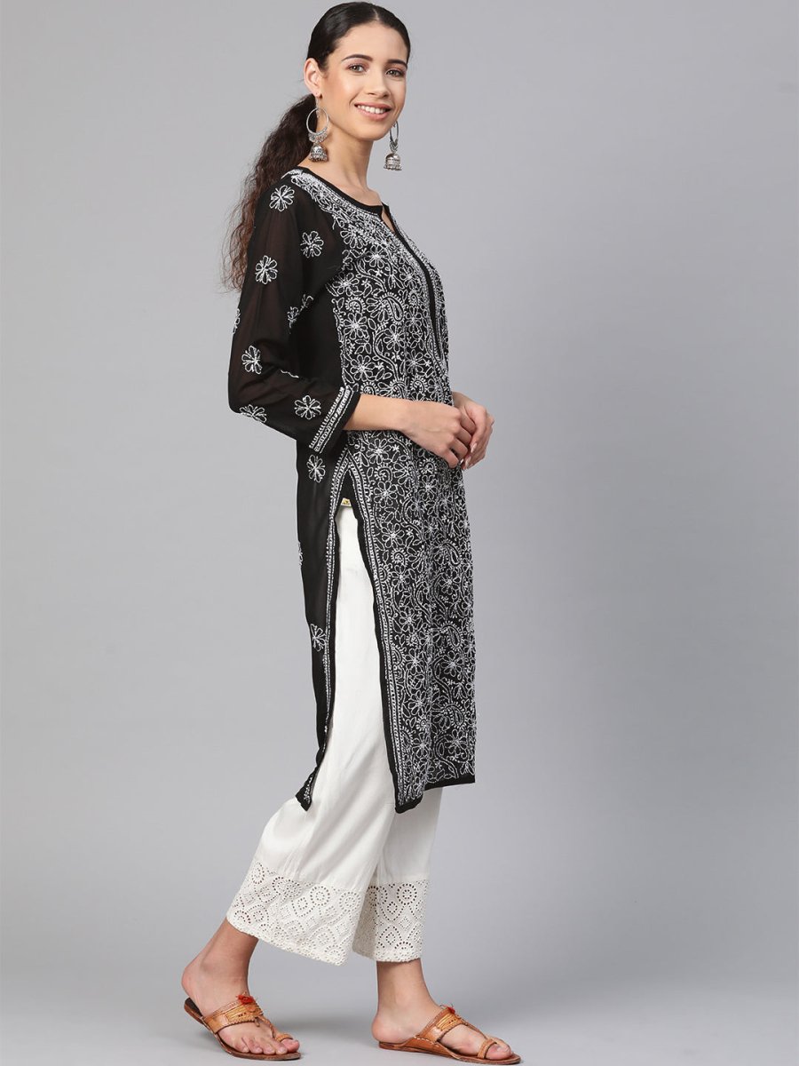 ADA Women Black & White Chikankari Hand Embroidered Semi-Sheer Straight Sustainable Handloom Kurta | Swadesiicart