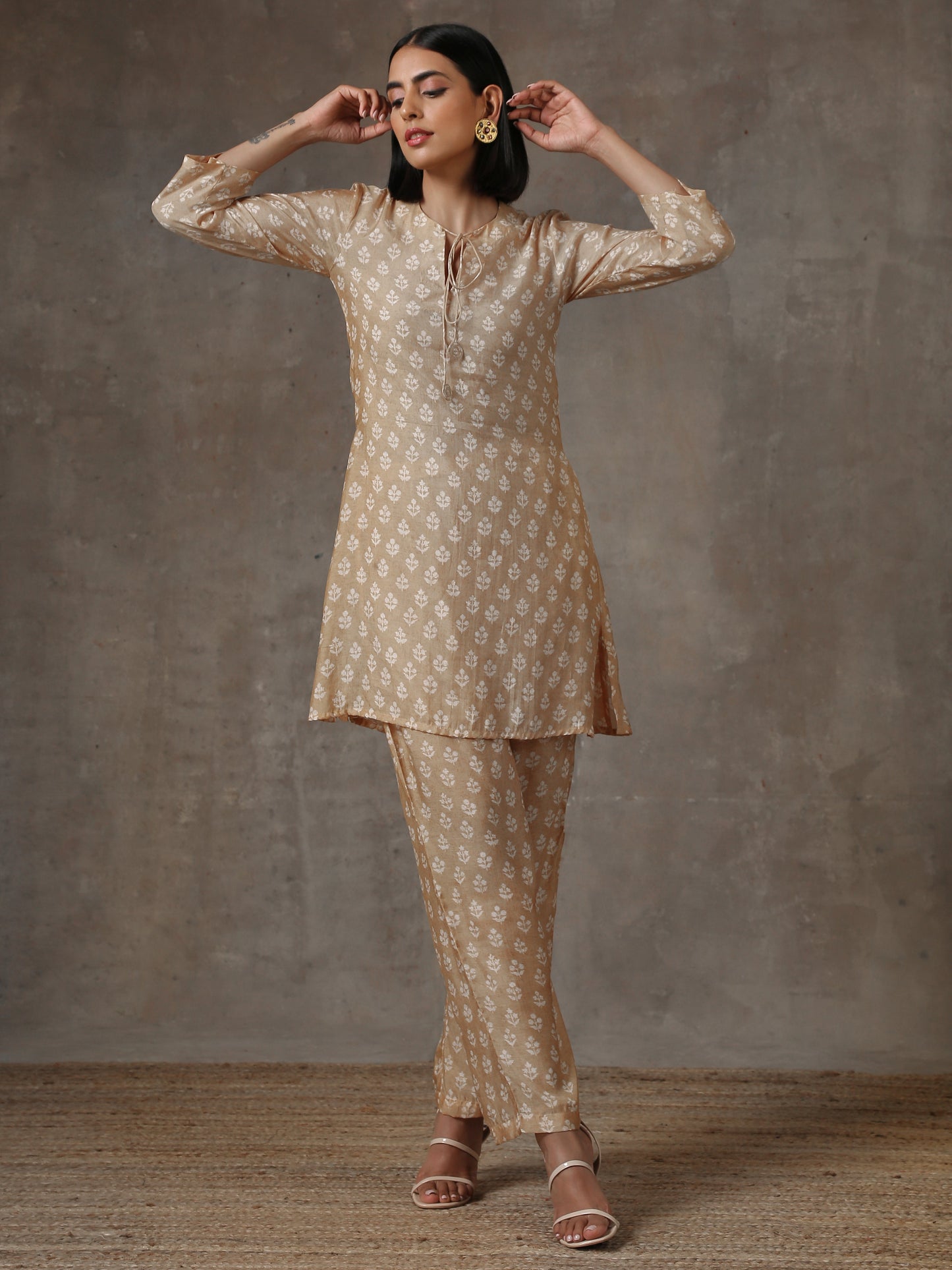 trueBrowns Beige White Printed Silk Co-Ord Set - Swadesiicart