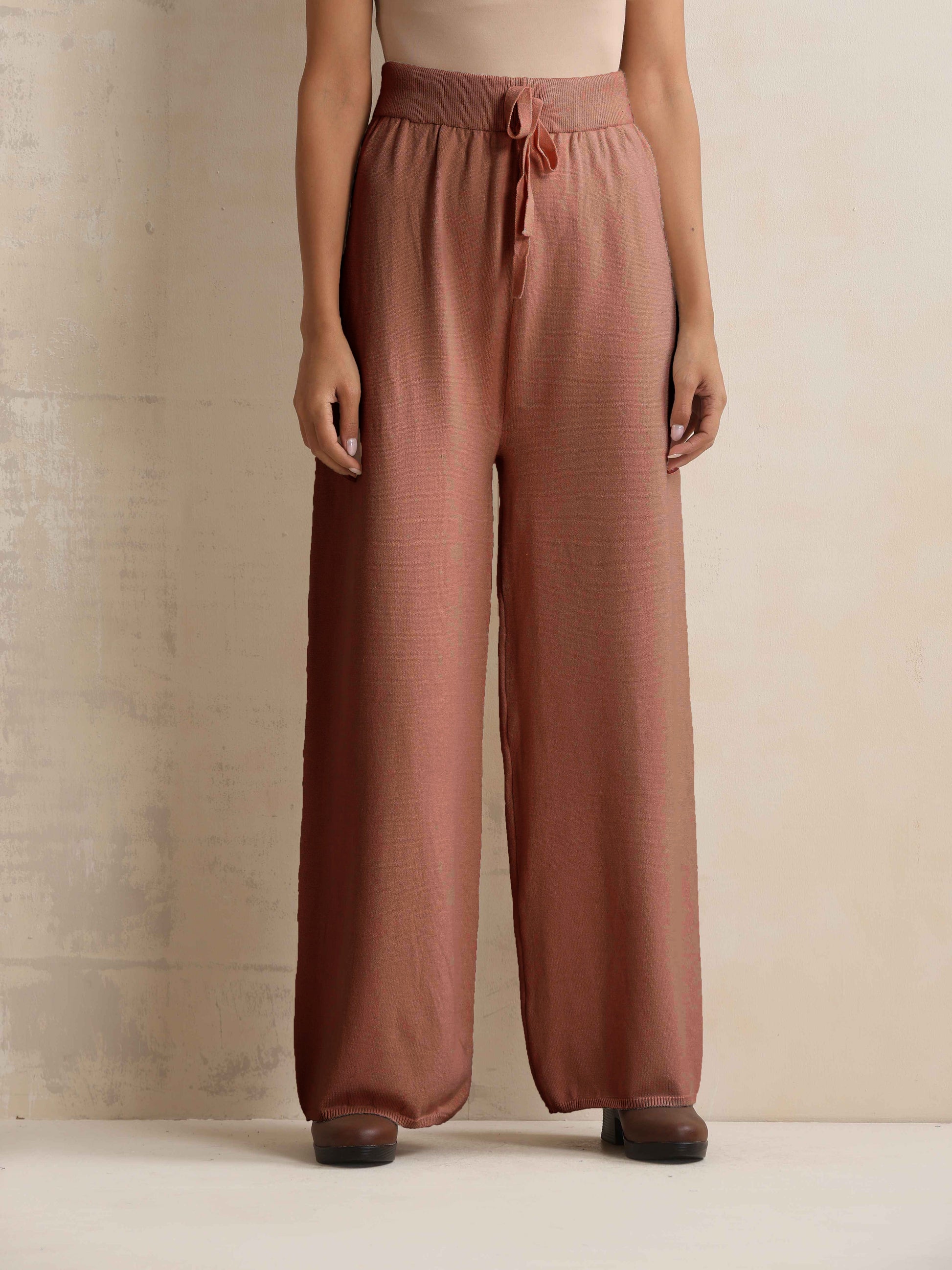 trueBrowns Peach Woollen Flared Pants | Swadesiicart