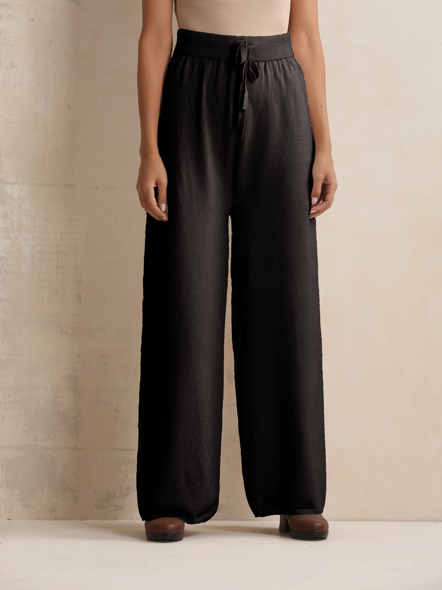 trueBrowns Black Woollen Flared Pants | Swadesiicart
