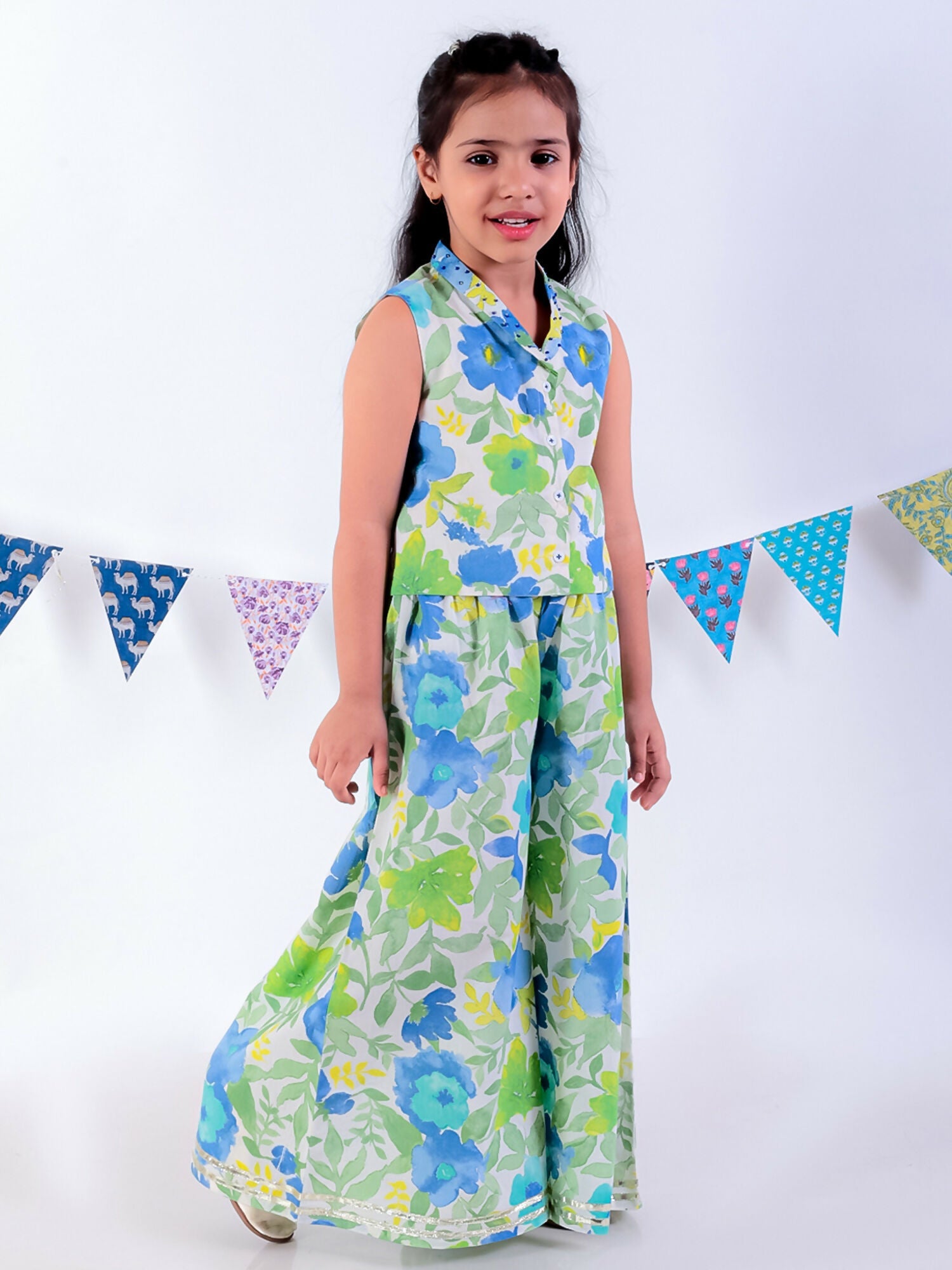 Lil Drama Jaipur Print Stylish Top with Pant Co-ordinate Set for Girls - Green - Swadesiicart