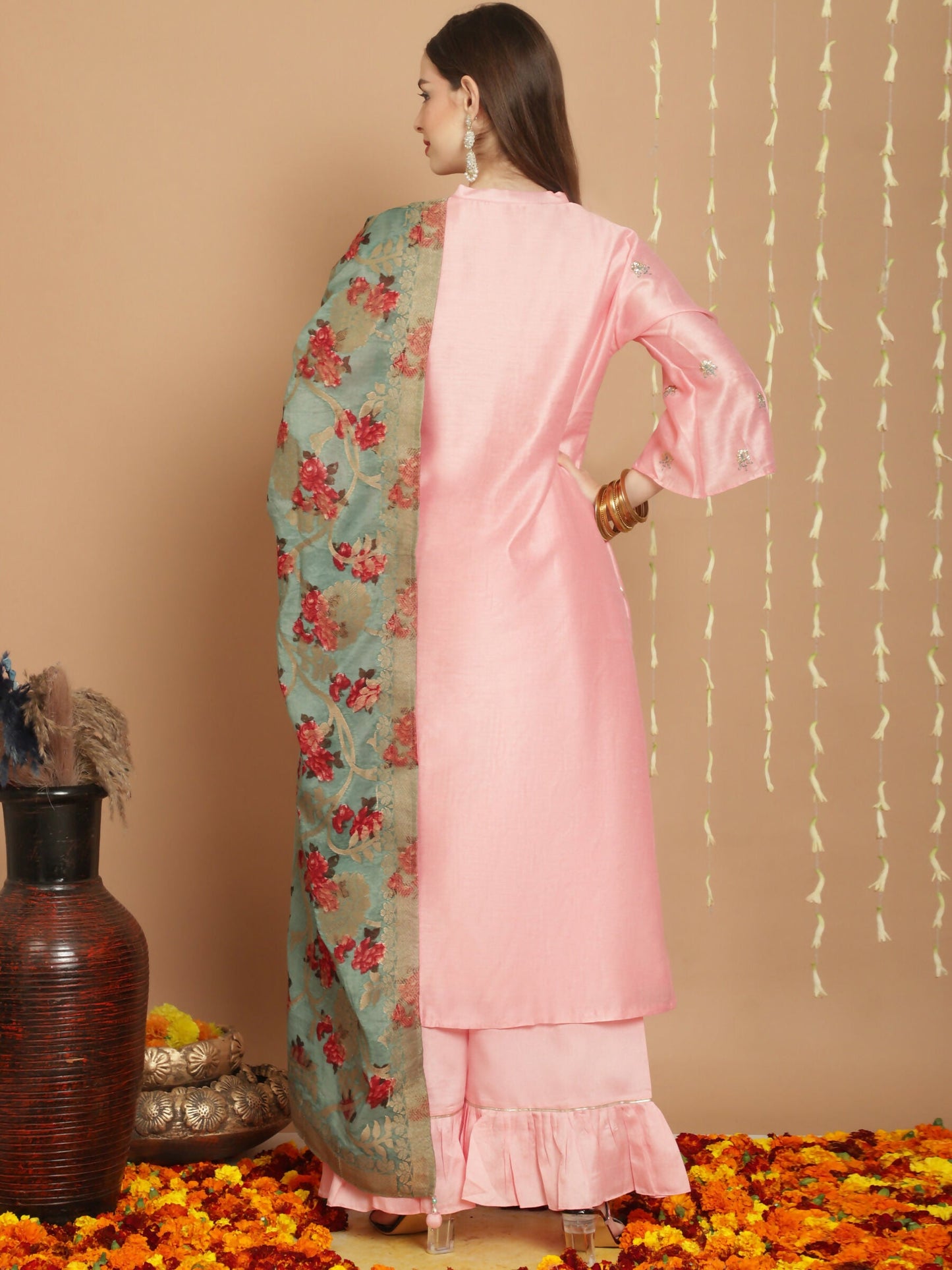 Jyoti Fashion Women's Peach Chanderi Silk Elegant Jardoshi Kurta with Trouser & Dupatta | Swadesiicart