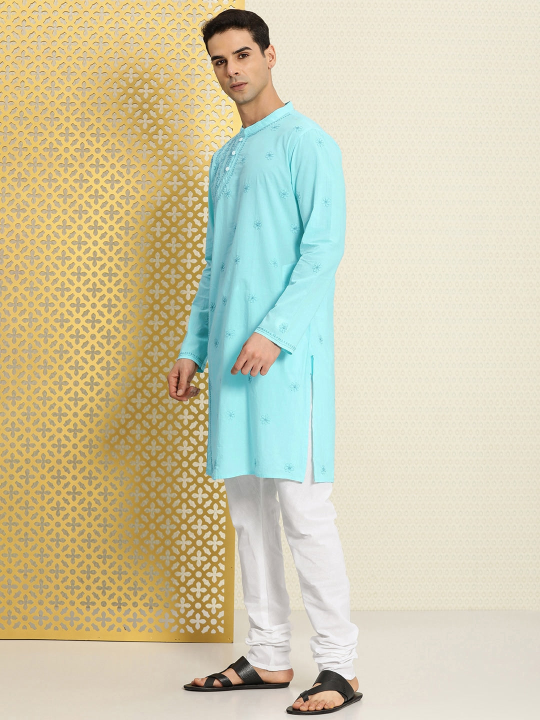 House of Pataudi Men Pure Cotton Embroidered Chikankari Jashn Kurta with Churidar | Swadesiicart