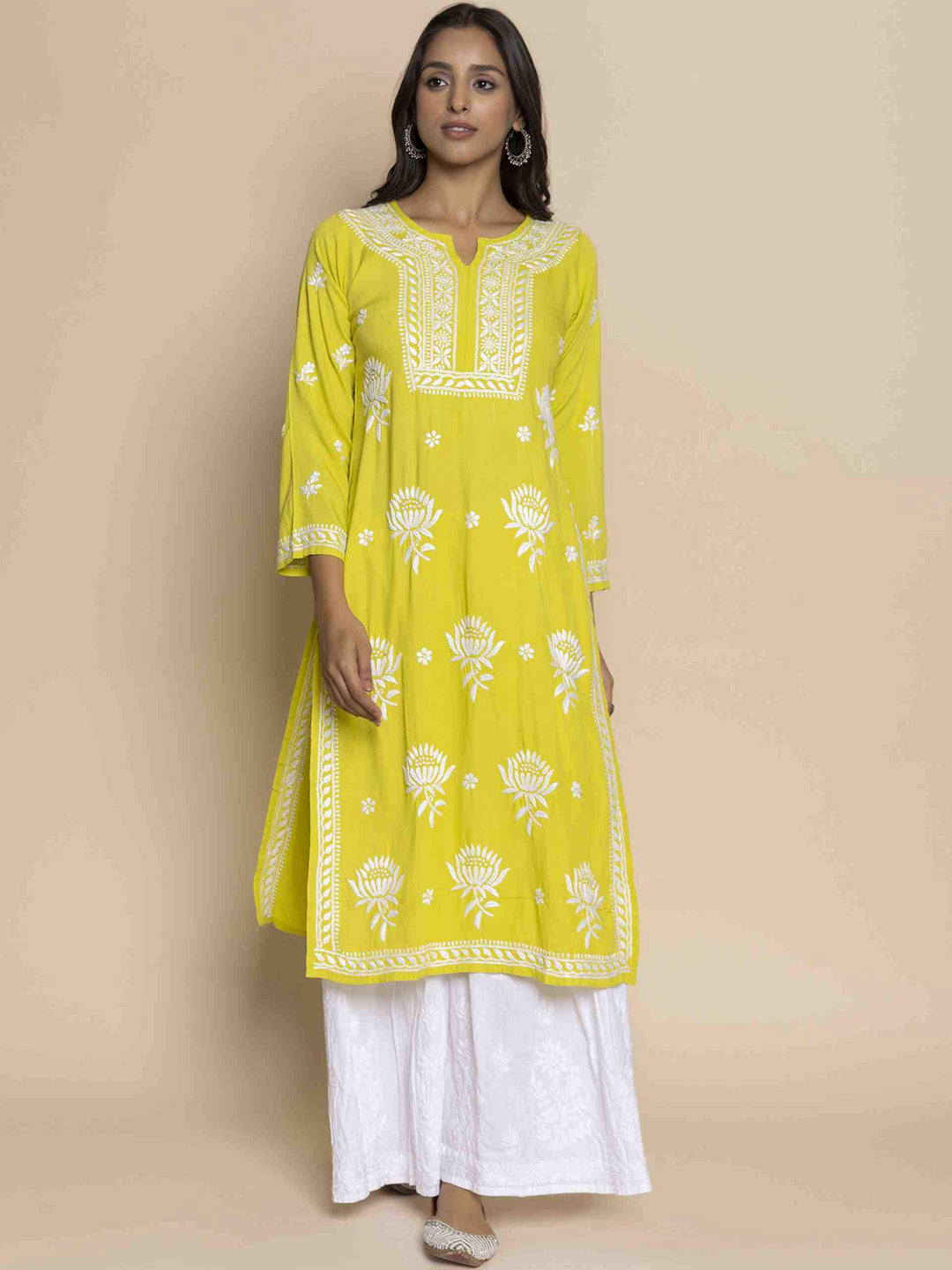 HOUSE OF KARI Floral Chikankari Embroidered Cotton Straight Kurta | Swadesiicart