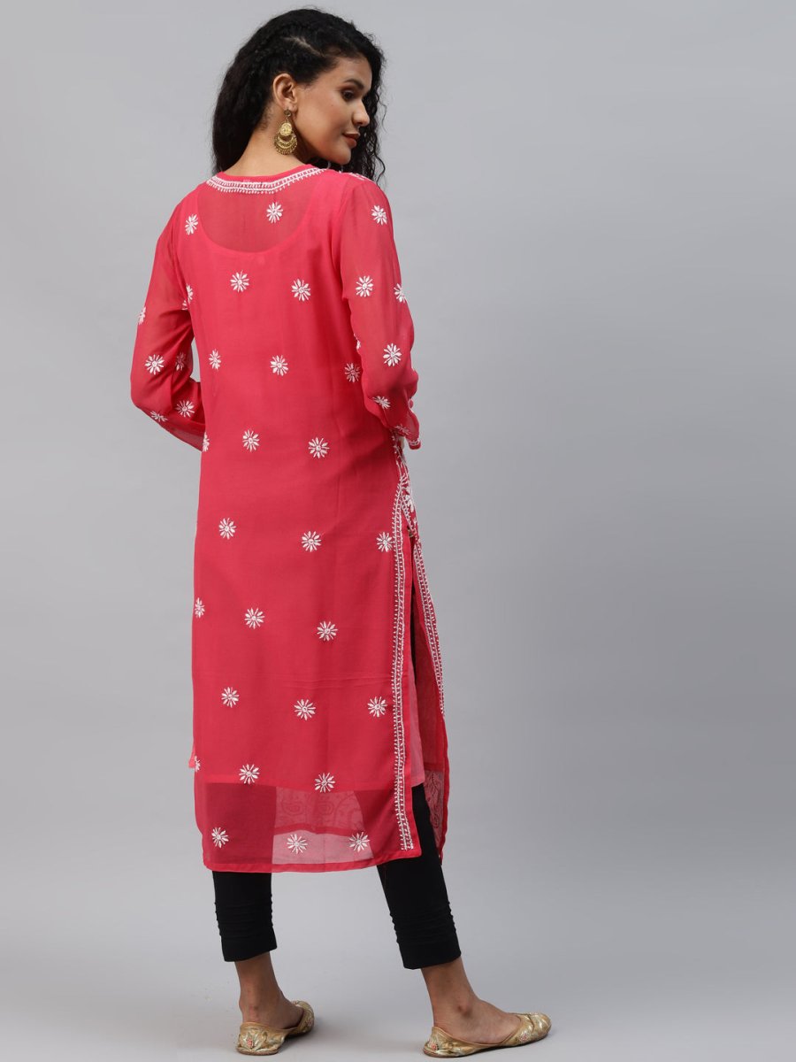 ADA Women Carrot Pink & White Floral Hand Embroidered Chikankari Handloom Kurta & Matching slip | Swadesiicart