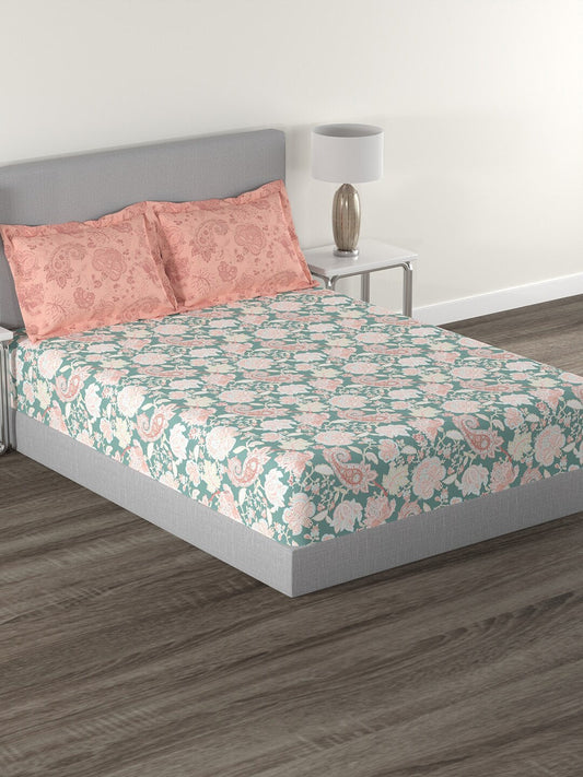 MYTRIDENT Green White Ethnic Motifs Cotton 144 TC Queen Bedsheet With 2 Pillow Covers - Swadesiicart