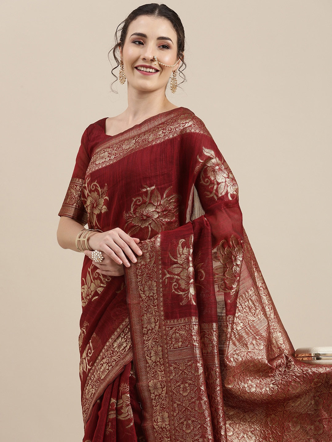 Saree Mall Maroon Floral Linen Blend Banarasi Saree | Swadesiicart