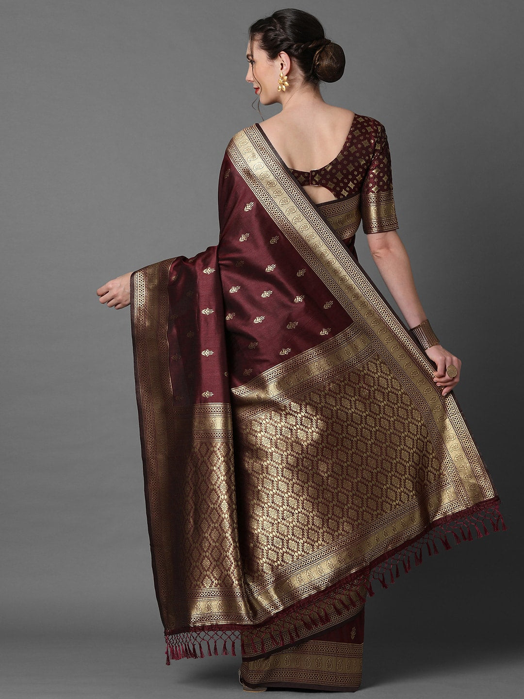 Mitera Brown & Gold-Coloured Ethnic Motifs Woven Design Silk Blend Banarasi Saree | Swadesiicart