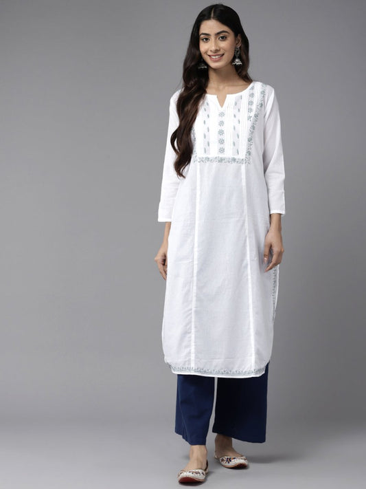 ADA Ethnic Motifs Embroidered Chikankari White Romance Kurta | Swadesiicart
