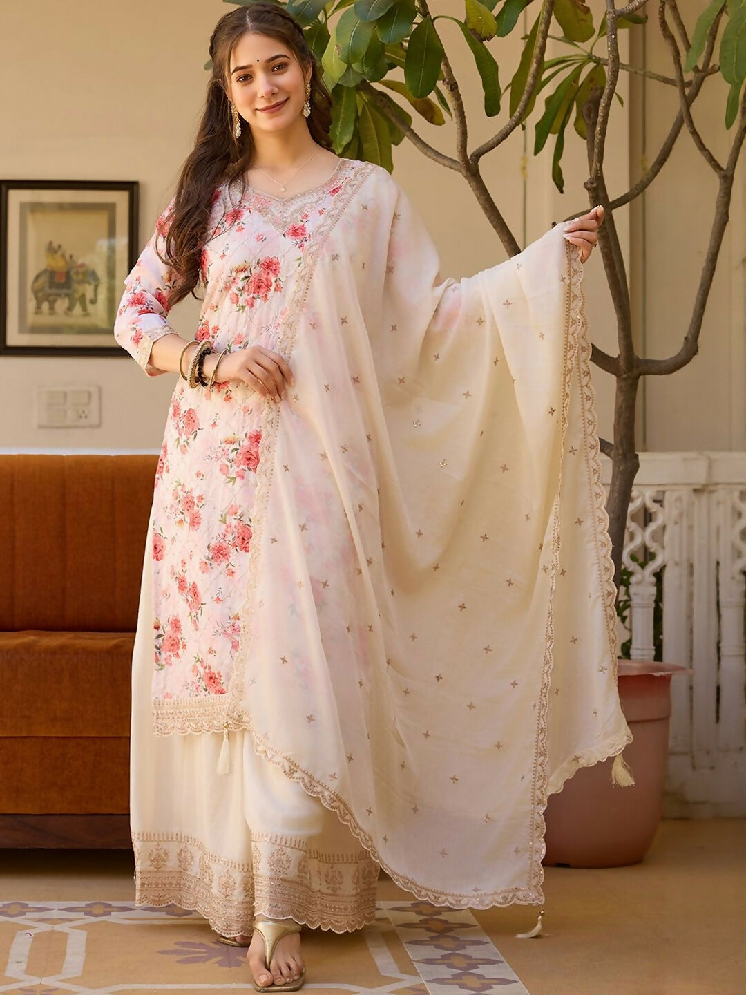 The52 White Women's Gorgeous Embroidered Chinon Fabric Straight Kurta Palazzo and Dupatta Set - Swadesiicart