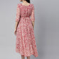 Souchii White & Red Floral Layered Chiffon Beautiful Midi Dress - Swadesiicart
