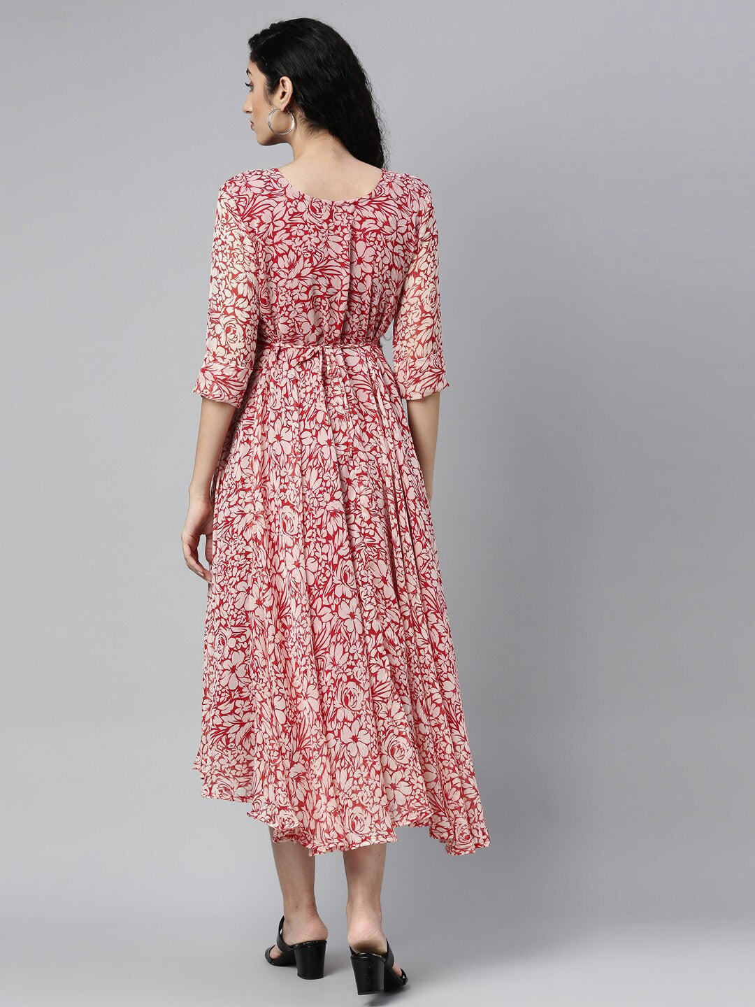Souchii White & Red Floral Layered Chiffon Beautiful Midi Dress - Swadesiicart