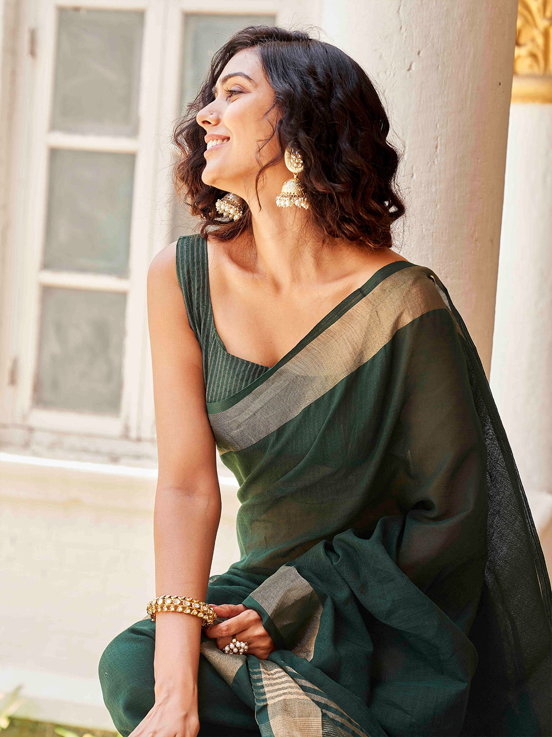 Tikhi Imli Green & Gold-Toned Polycotton Zari Ready to Wear Saree | Swadesiicart