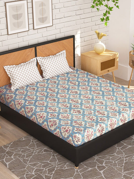 Story@home Cream-Coloured & Pink Floral Microfiber 180 TC Queen Bedsheet & 2 Pillow Covers - Swadesiicart