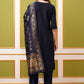 Vishudh Navy Blue & Gold Toned Round Neck Regular Kurta with Trousers & With Dupatta - Swadesiicart