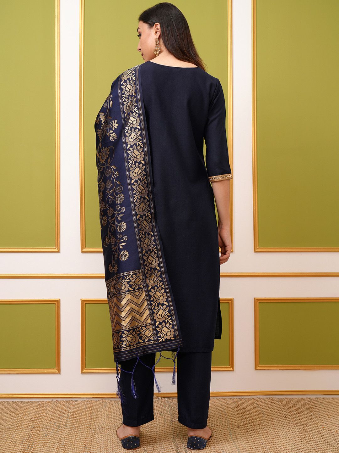 Vishudh Navy Blue & Gold Toned Round Neck Regular Kurta with Trousers & With Dupatta - Swadesiicart
