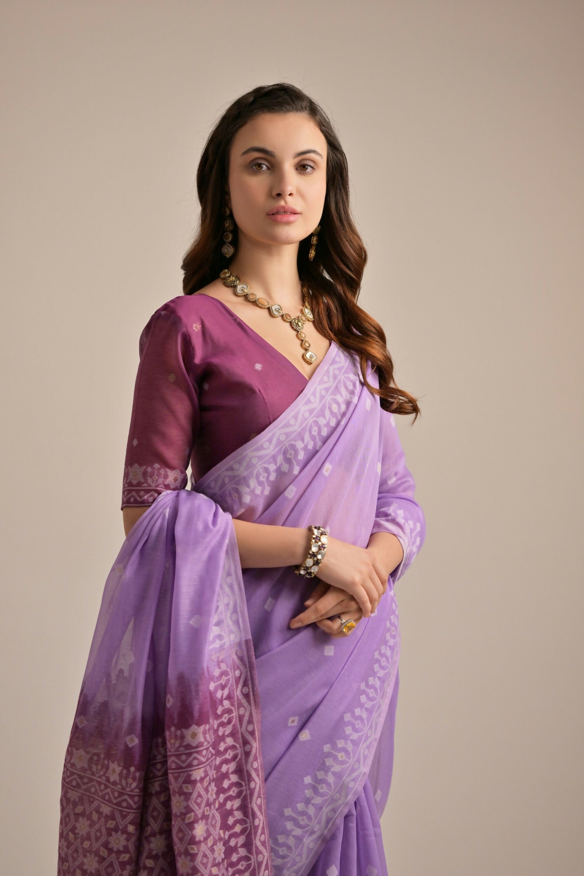 Vishnu Weaves Women's Lavender Muga Cotton Woven Saree with Blouse - Swadesiicart