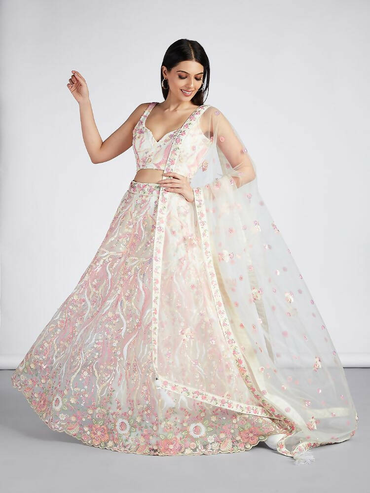 House of Panchhi Cream Net Sequins And Thread Embroidery Lehenga Choli & Dupatta | Swadesiicart