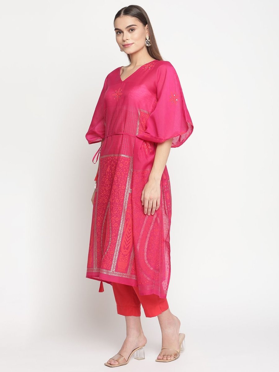 Ahalyaa Pink Chanderi Orange khari Print Kaftan With Trouser | Swadesiicart
