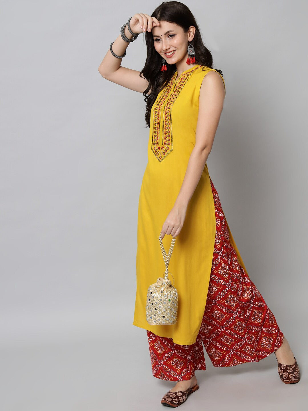 Kalini Women Yellow Ethnic Motifs Yoke Design Kurta - Swadesiicart
