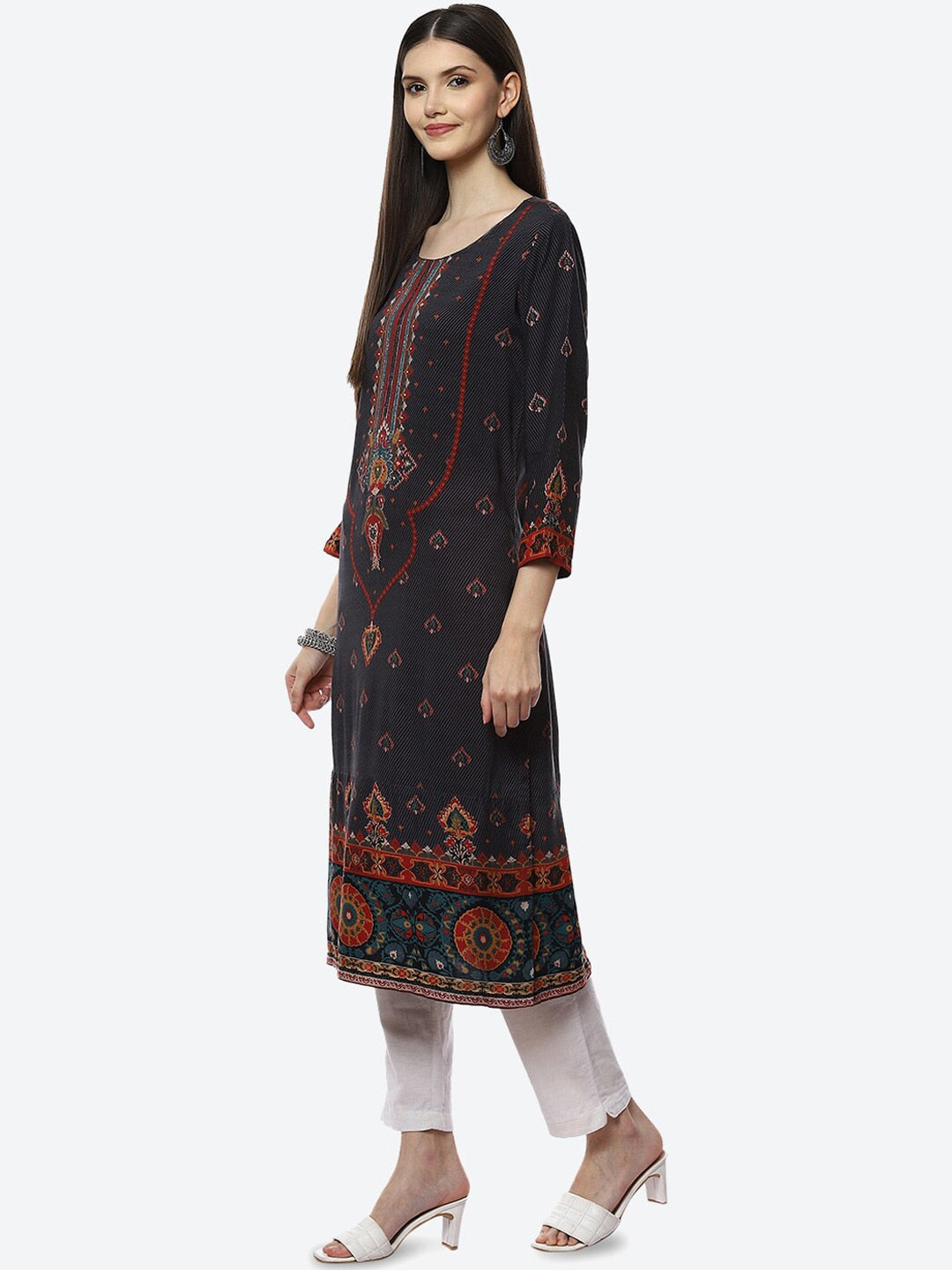 Biba Women Black Ethnic Motifs Printed Kurta - Swadesiicart