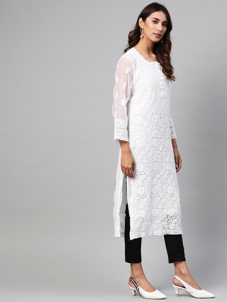 ADA Women White & Black Chikankari Embroidered Sustainable Handloom Kurta with Trousers & Inner | Swadesiicart
