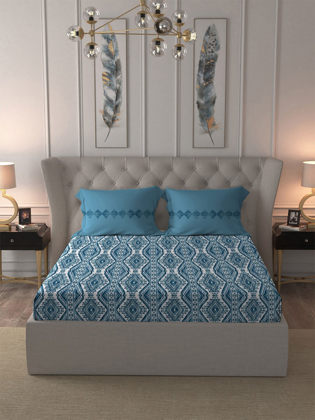 MYTRIDENT Blue White Ethnic Motifs Cotton 120 TC Queen Bedsheet With 2 Pillow Covers - Swadesiicart