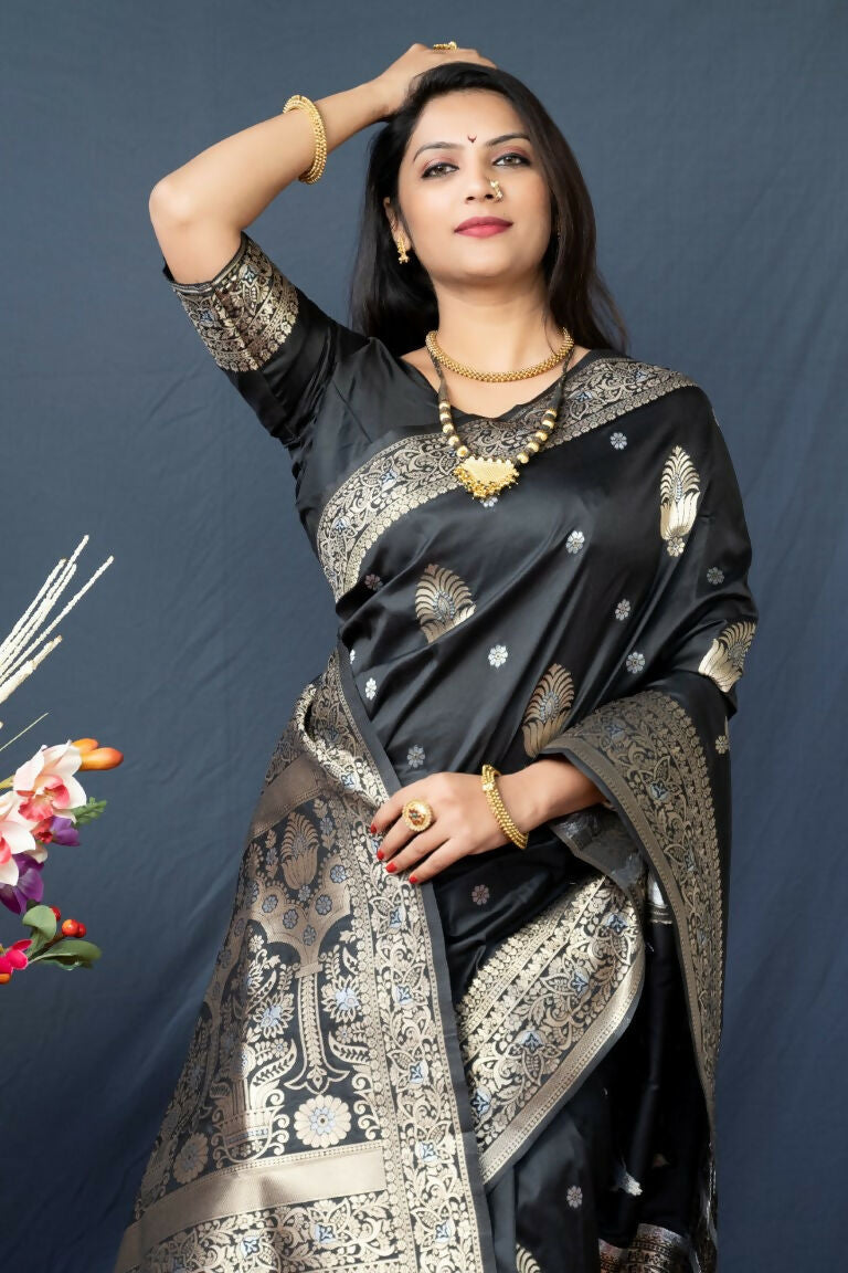 Jyoti Fashion Women's Black Paithani Silk Zari Woven Saree with Blouse | Swadesiicart