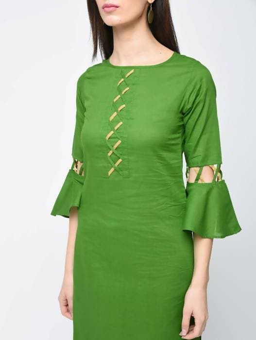 Aniyah Cotton Criss Cross Bell Sleeves Straight Kurta In Green (AN-101A) - Swadesiicart