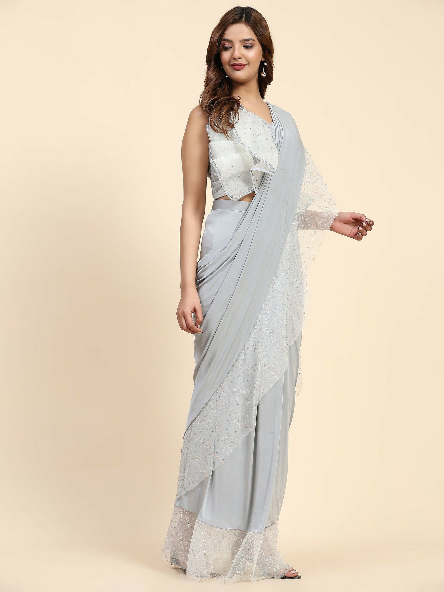 Light Grey Lycra Solid Ready to Wear Saree with stitched Blouse - Nita | Swadesiicart