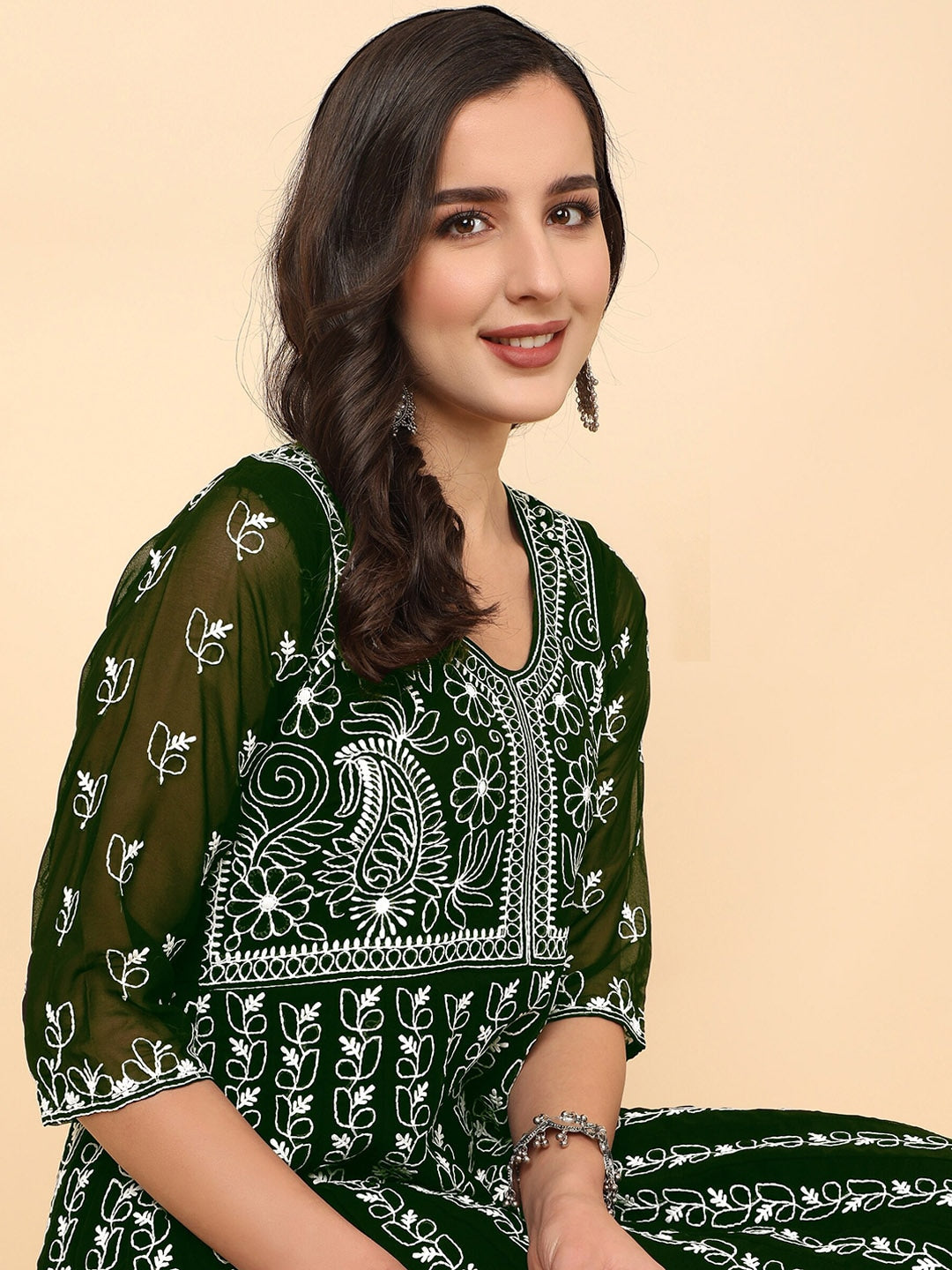 HERE&NOW Chikankari Embroidered Thread Work Georgette Anarkali Kurta | Swadesiicart