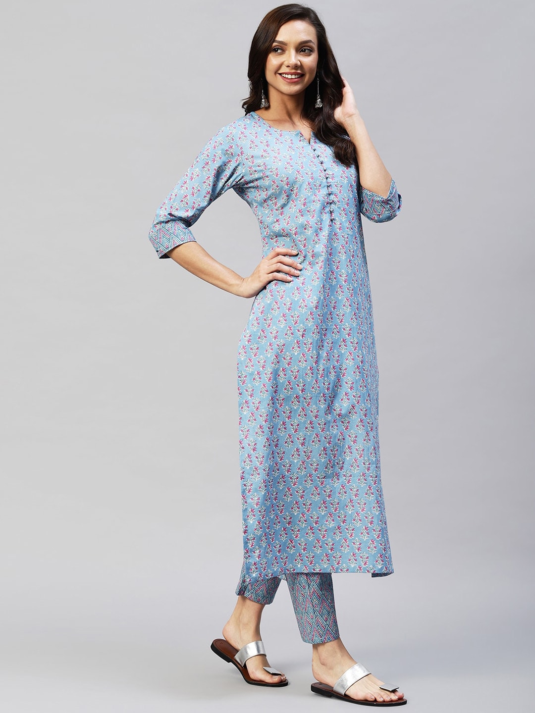 Kalini Floral Printed Notch Collar Kurta with Trousers - Swadesiicart