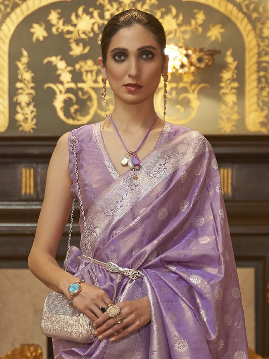 Mitera Lavender & Gold-Toned Ethnic Motifs Zari Silk Blend Banarasi Saree | Swadesiicart