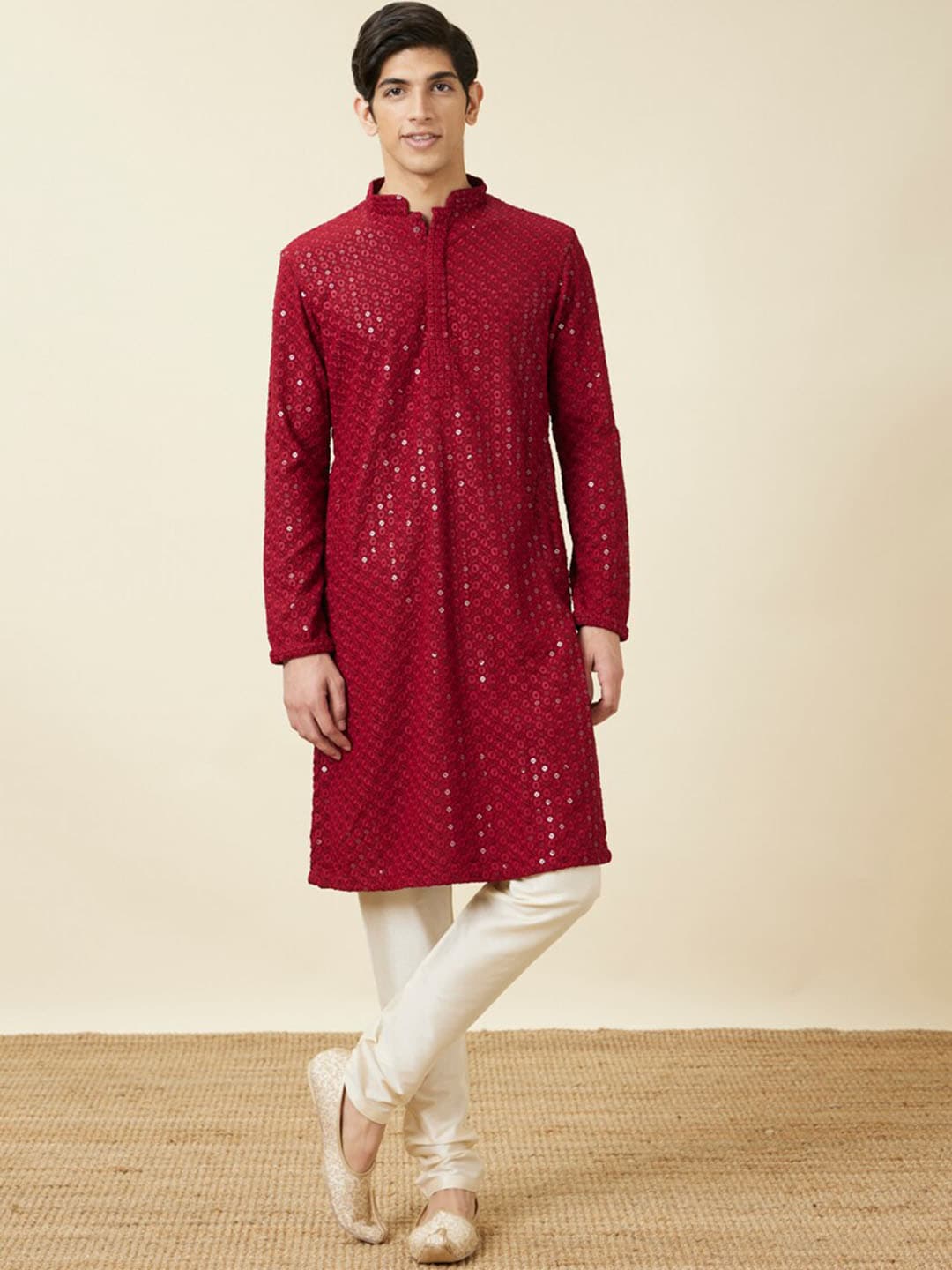 Manyavar Floral Chikankari Embroidered Kurta With Pyjamas | Swadesiicart
